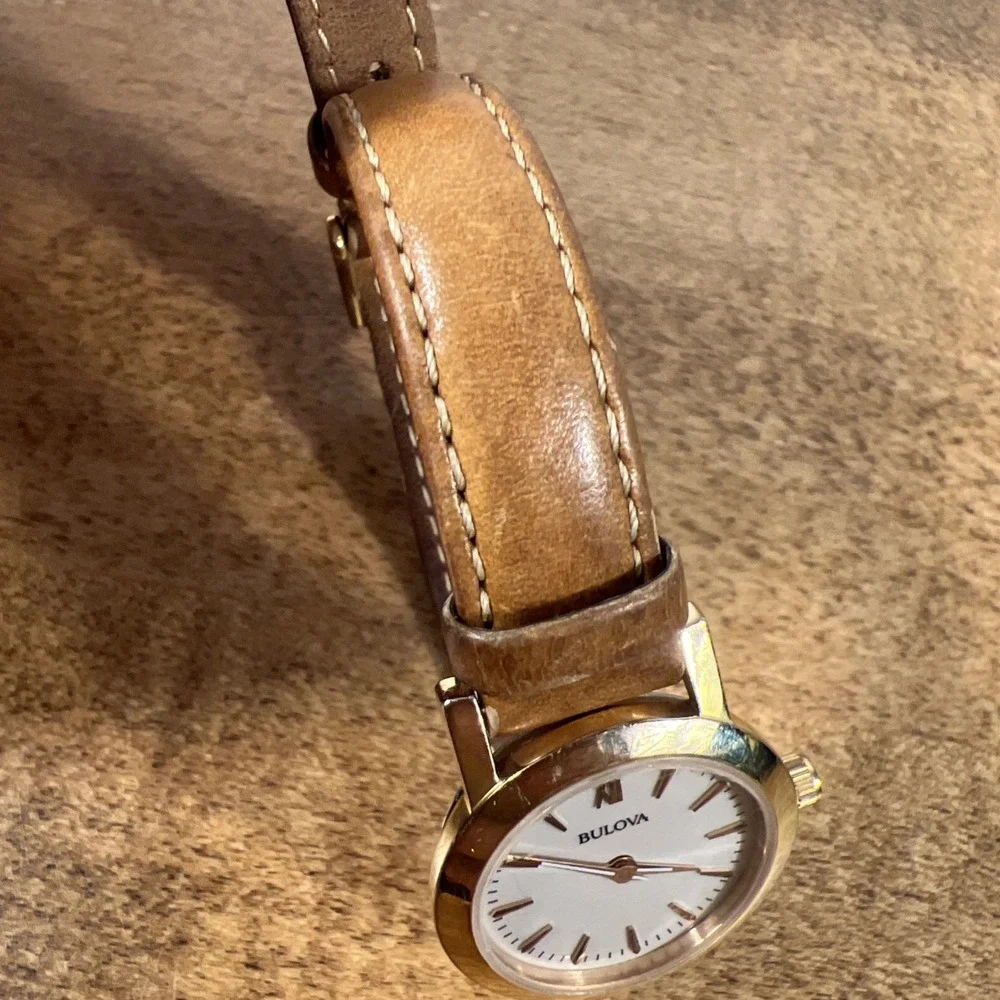 Bulova Women's Analog Brown Genuine Leather Gold Tone Quartz Watch Needs Battery